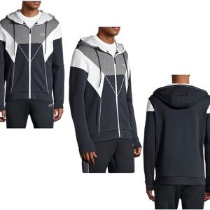 Boss men’s gray blue Colourblocked Cotton-Blend Hooded Sweatshirt Sz S